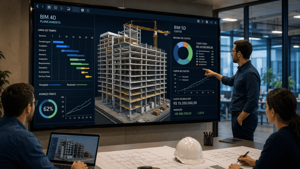 Modelo BIM com linha do tempo e gráficos de custo representando o uso de BIM 4D e 5D no cronograma físico-financeiro.