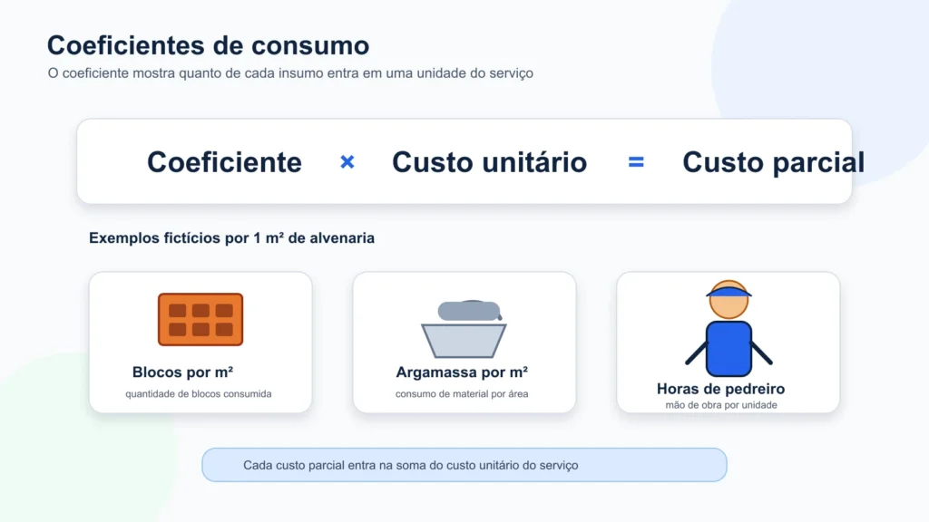 Infográfico mostrando como coeficientes de consumo entram na composição de custos unitários.