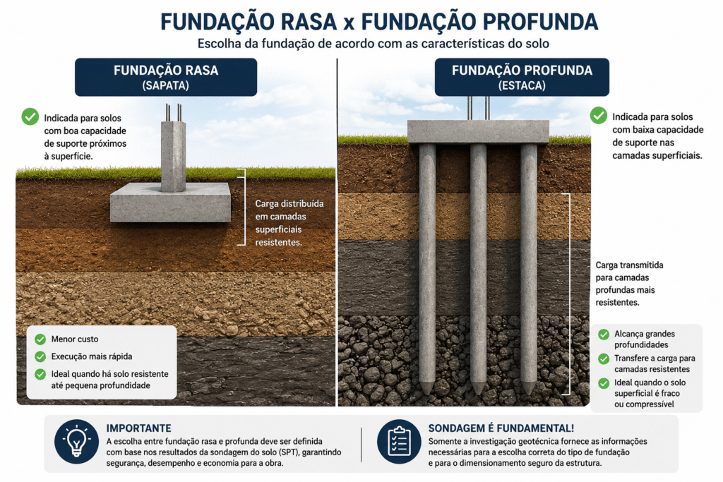 Comparação entre fundação rasa e fundação profunda mostrando a transmissão das cargas para o solo e as diferenças de profundidade entre sapatas e estacas.