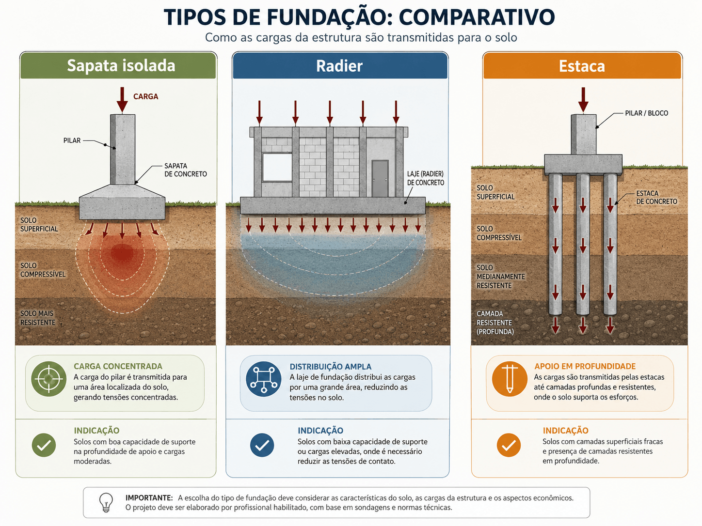 Comparação entre fundação em radier, sapata isolada e estacas profundas.