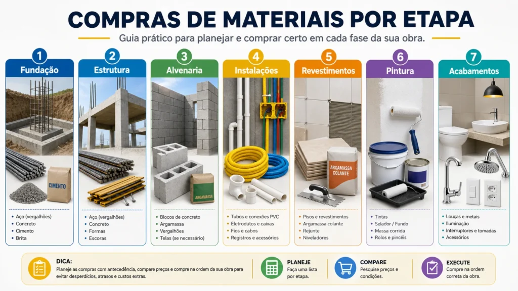 Infográfico com compras de materiais por etapa da obra residencial.