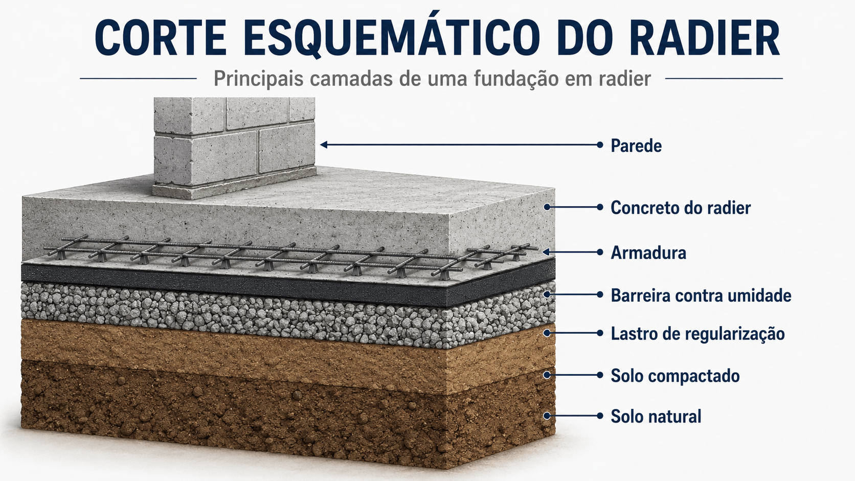 Corte esquemático mostrando as camadas de uma fundação em radier.