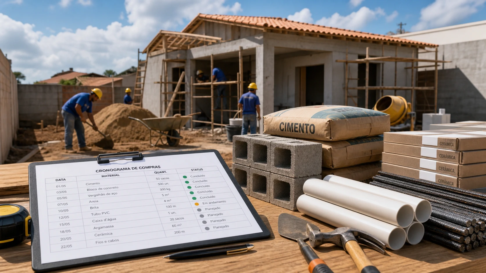Cronograma de compras de materiais para obra com planilha e materiais organizados no canteiro.