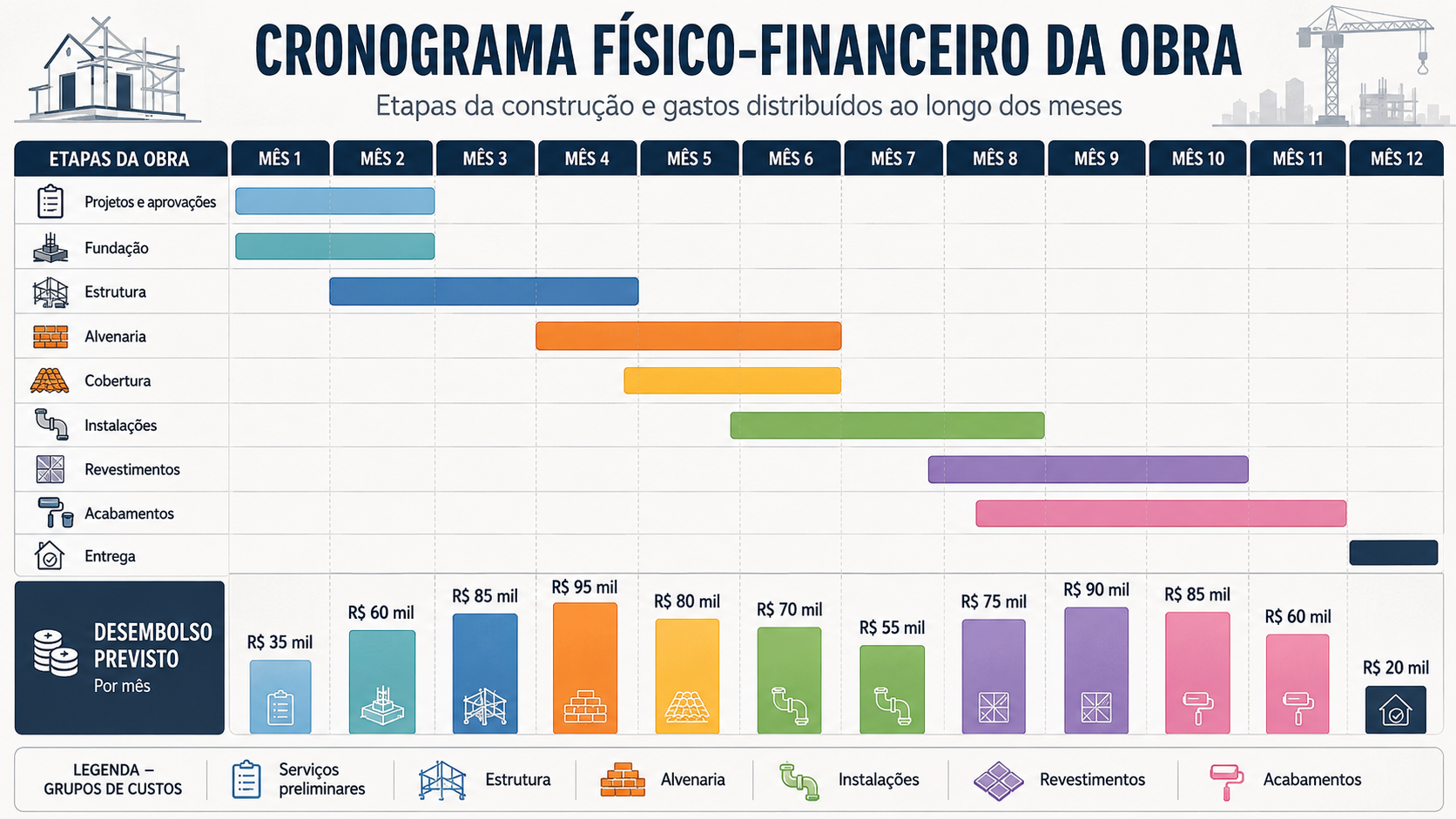 Cronograma físico-financeiro de obra residencial mostrando etapas da construção e gastos distribuídos ao longo dos meses.