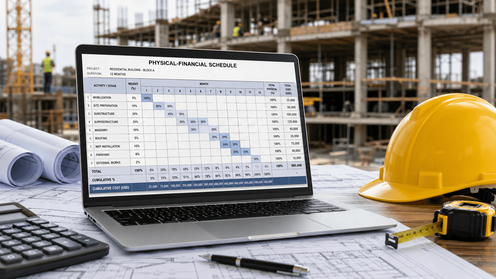 Mesa de planejamento de obra com planilha de cronograma físico-financeiro, projetos, capacete e calculadora.
