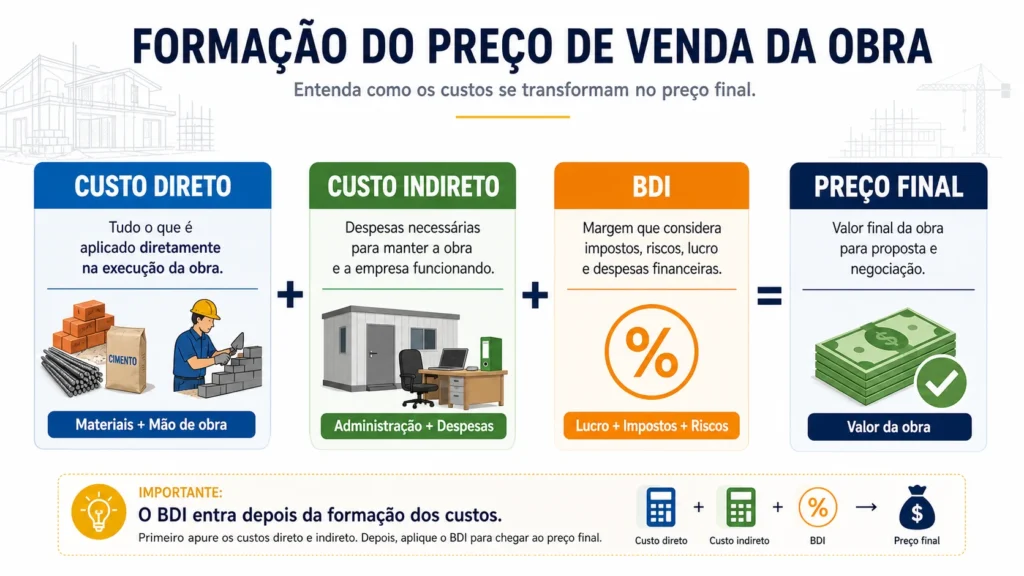 Infográfico mostrando a relação entre custo direto, custo indireto, BDI e preço final da obra.
