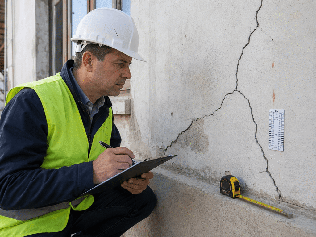 Engenheiro medindo fissura em parede durante diagnóstico de patologia em fundação.