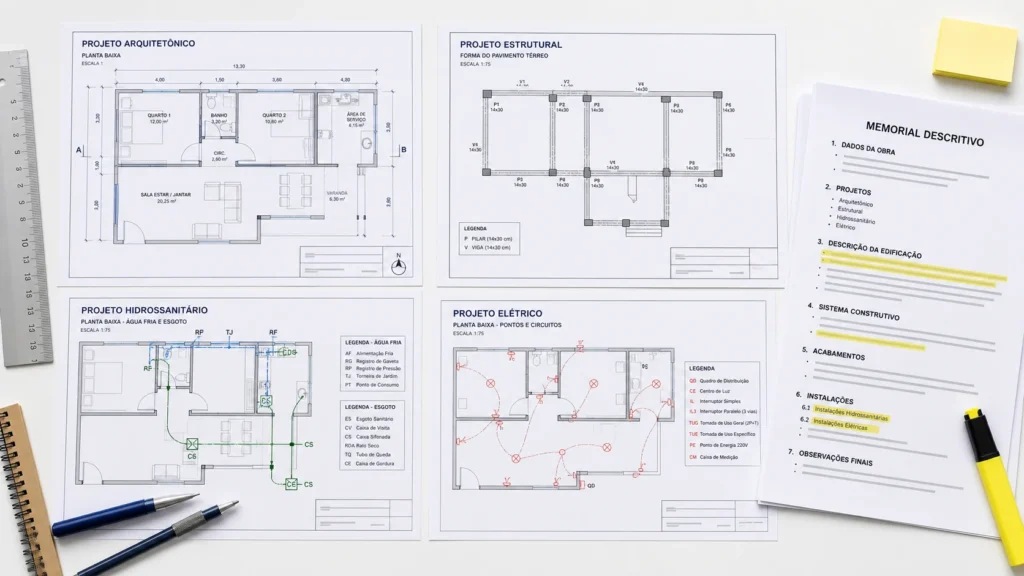 Projetos arquitetônico, estrutural, hidrossanitário, elétrico e memorial descritivo usados no levantamento quantitativo de obra.