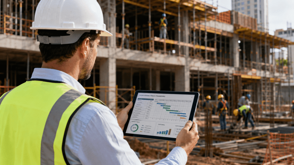 Engenheiro civil acompanhando o cronograma físico-financeiro no canteiro de obras com um tablet.
