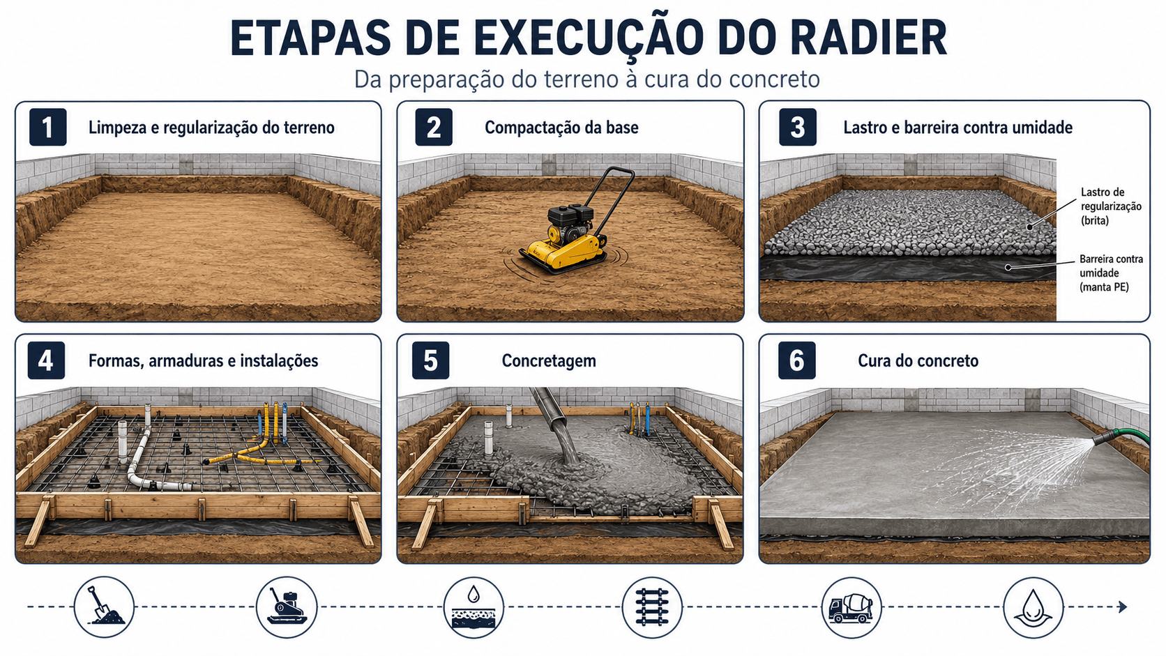 Etapas de execução de uma fundação em radier, da preparação do solo à cura do concreto.