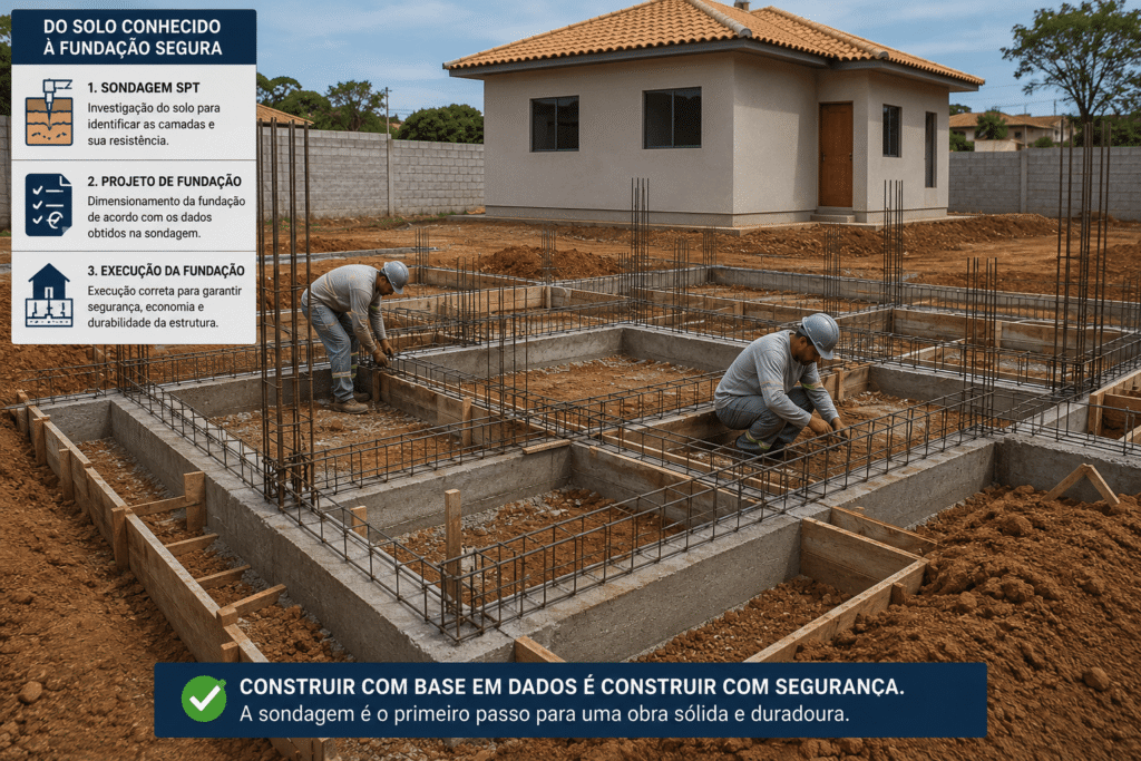 Execução de fundação de residência em obra após a realização da sondagem SPT, com escavações, armaduras e concretagem seguindo o projeto de fundações