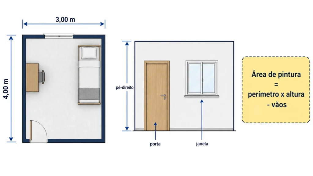 Exemplo de cálculo de área de pintura de parede considerando perímetro, altura, porta e janela.