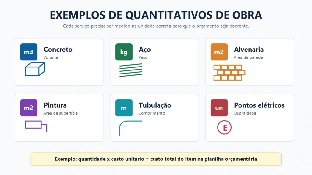 Infográfico com exemplos de quantitativos de obra, incluindo concreto, aço, alvenaria, pintura, tubulação e pontos elétricos.