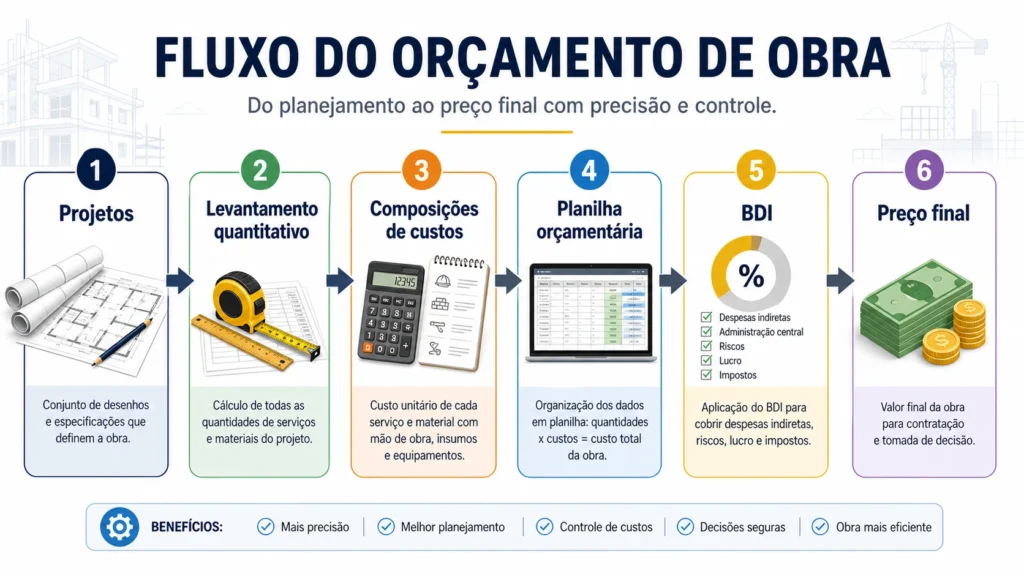Infográfico mostrando o fluxo do orçamento de obra, desde os projetos até a planilha orçamentária e o preço final.