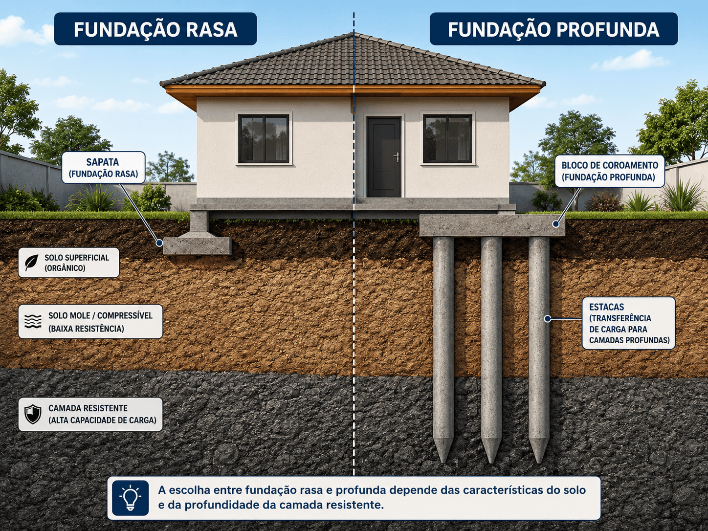 Comparação em corte entre fundação rasa com sapata e fundação profunda com estacas.