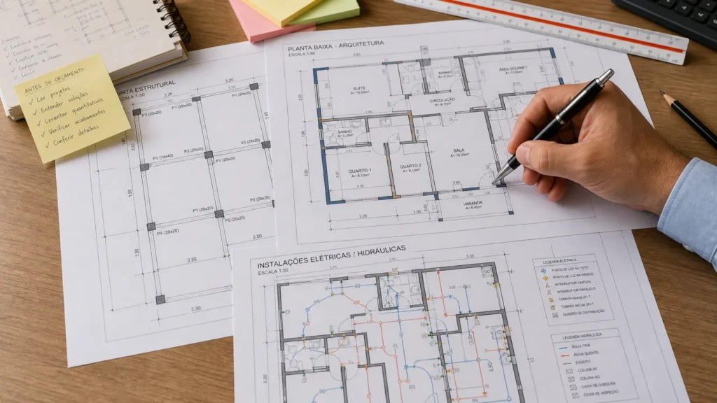 Profissional analisando projetos arquitetônico, estrutural e de instalações para elaborar orçamento de obra.