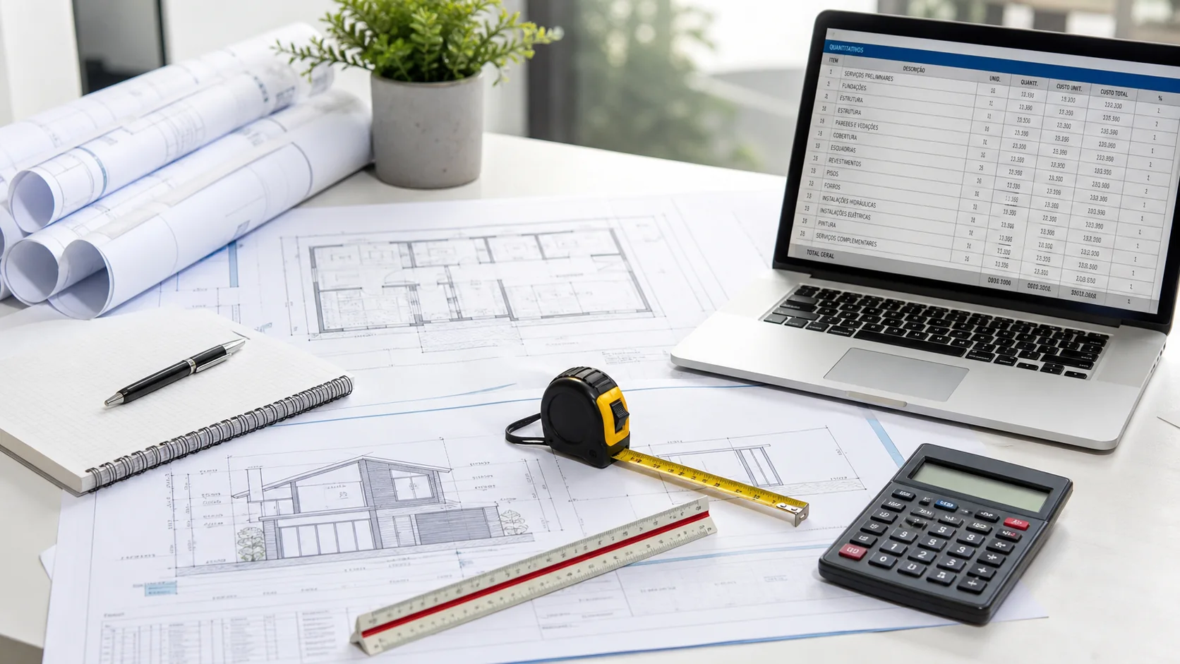 Projetos de engenharia, calculadora e planilha usados para levantamento quantitativo de obra.