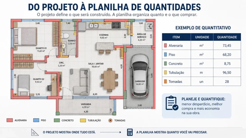 Planta baixa com marcações de áreas e tabela de quantitativos para orçamento de obra.