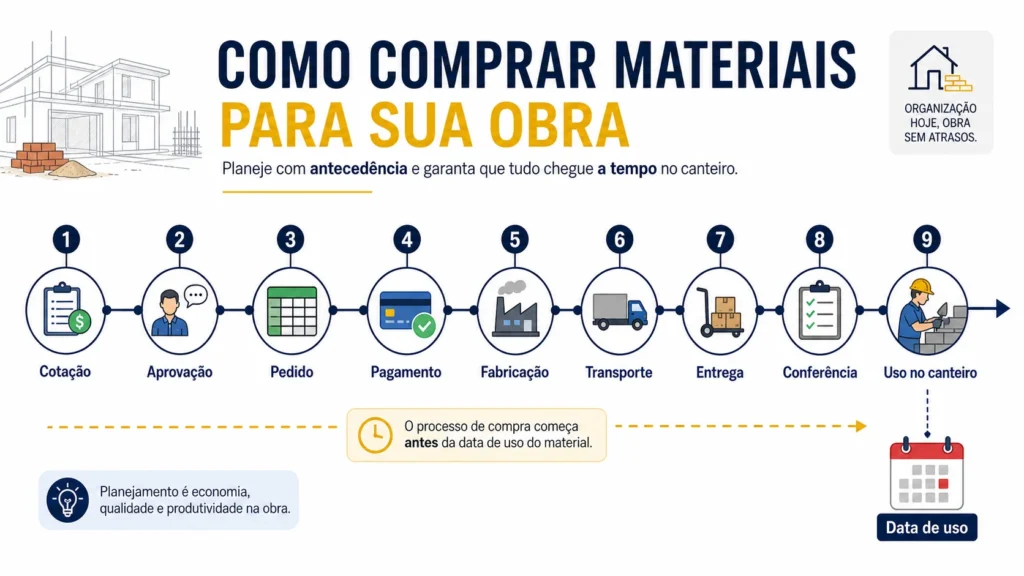 Linha do tempo mostrando cotação, compra, entrega e uso de materiais na obra.