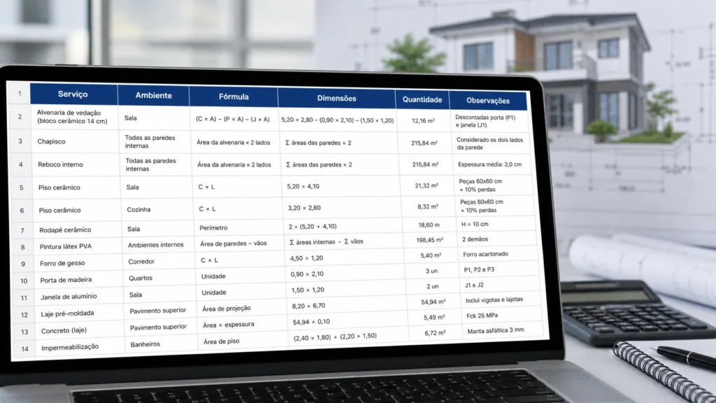 Planilha de memória de cálculo usada para registrar as quantidades do levantamento quantitativo de obra.