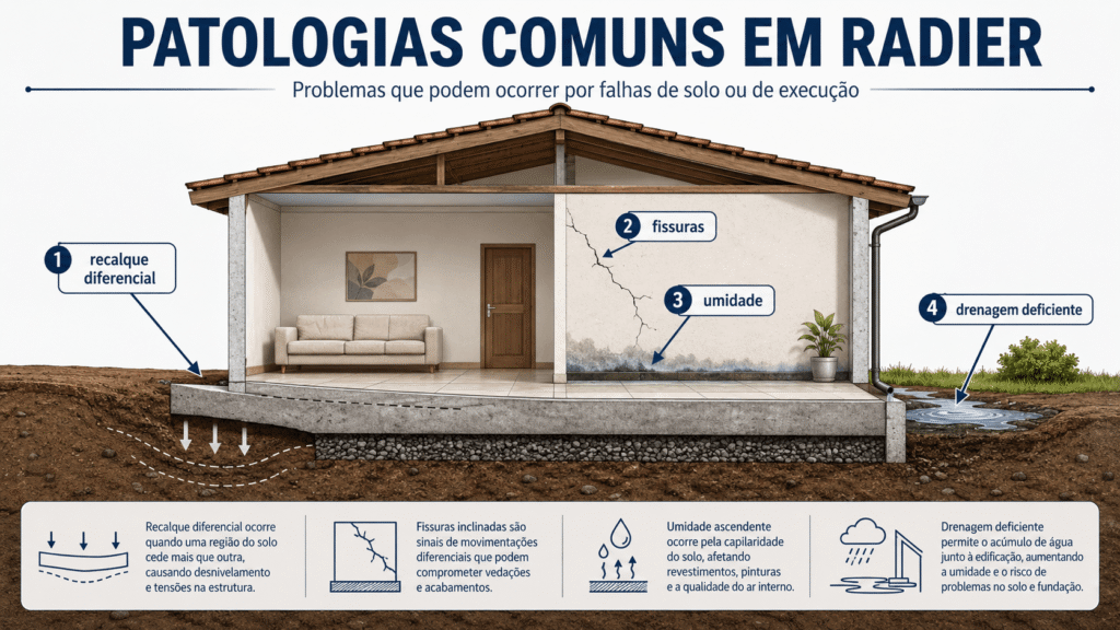 Patologias comuns em fundação radier, como fissuras, recalque diferencial e umidade.