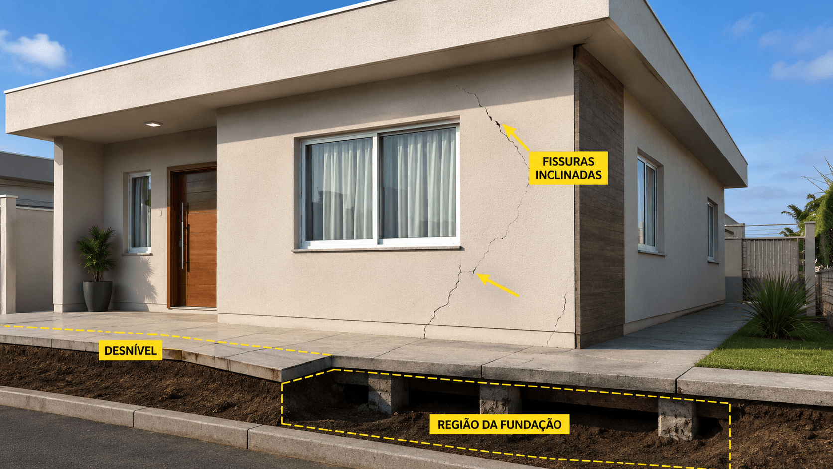 Casa com fissuras inclinadas nas paredes e sinais de recalque na fundação.