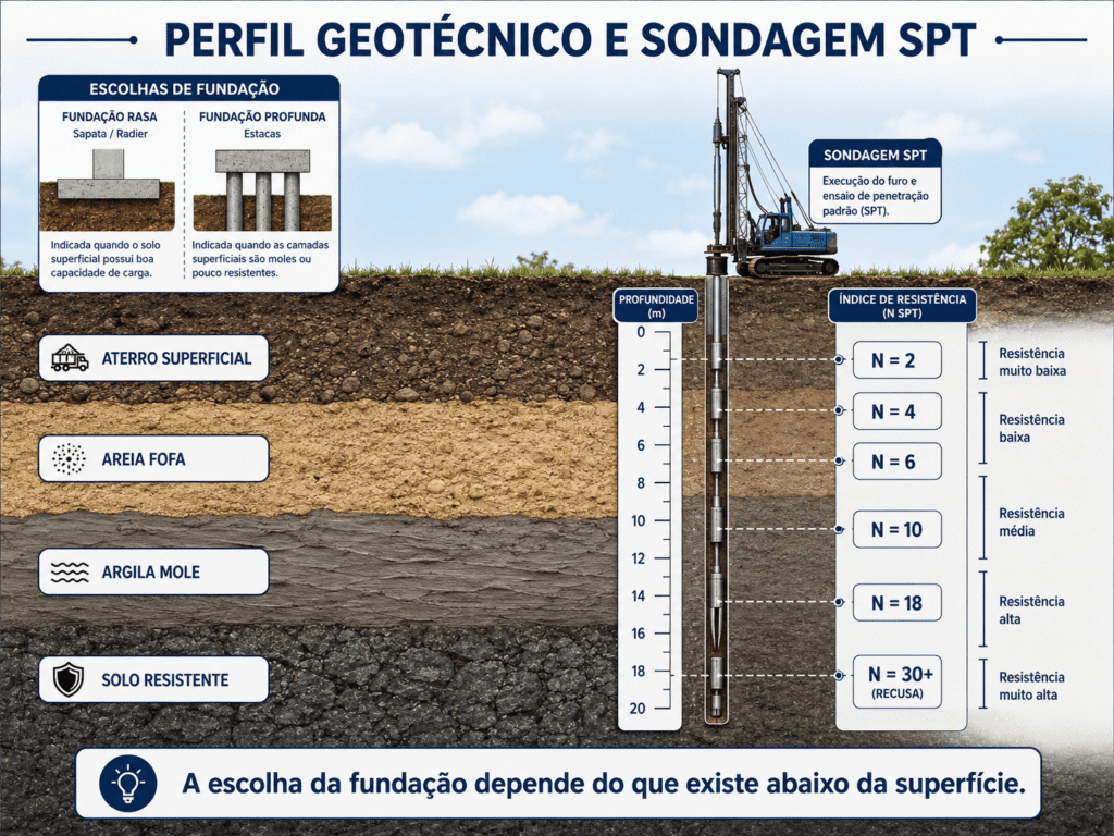 Perfil geotécnico com camadas de solo identificado por sondagem SPT.