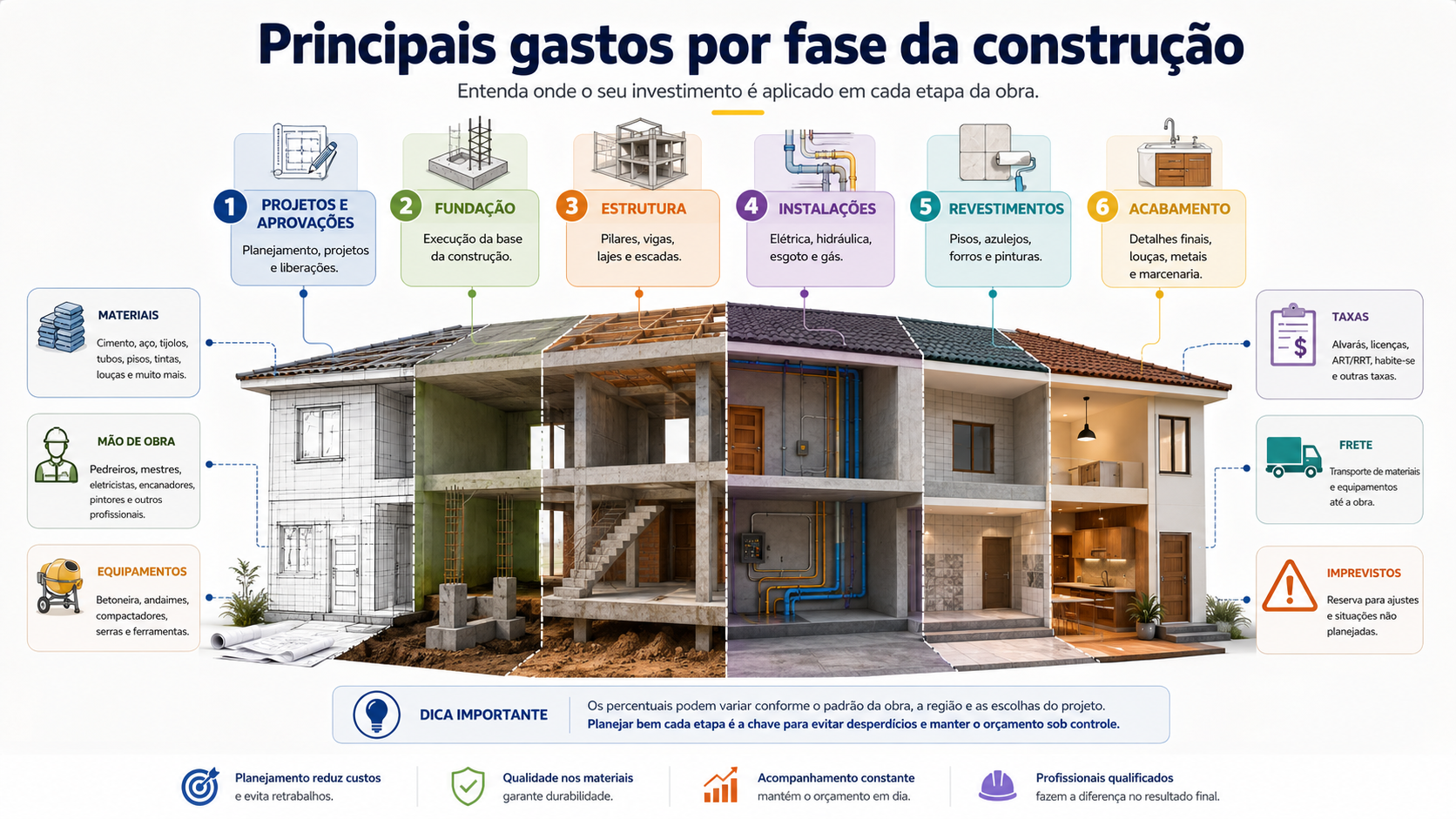 Infográfico com os principais gastos de uma obra divididos por fase, incluindo projetos, fundação, estrutura, instalações e acabamentos.