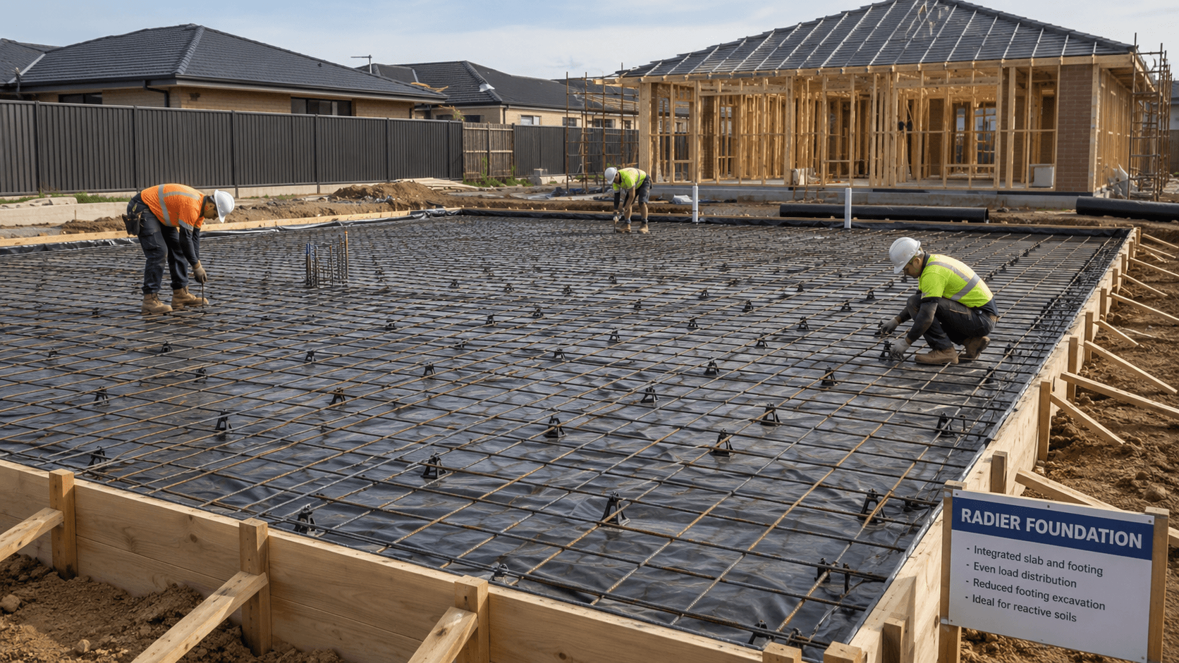 Fundação em radier de concreto armado sendo preparada em uma obra residencial.