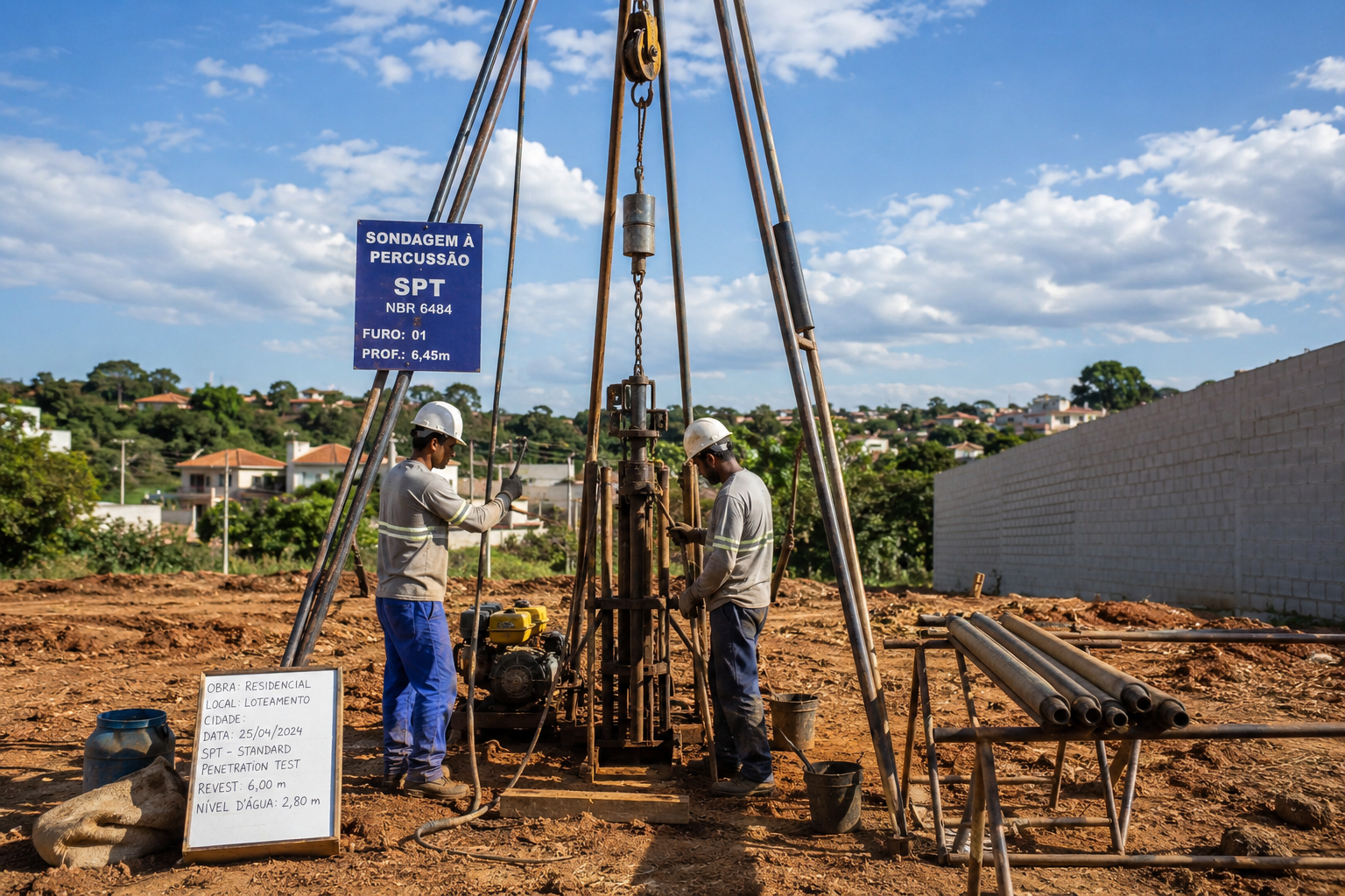 Equipamento de sondagem SPT sendo utilizado para investigação geotécnica do solo em terreno destinado à construção civil.