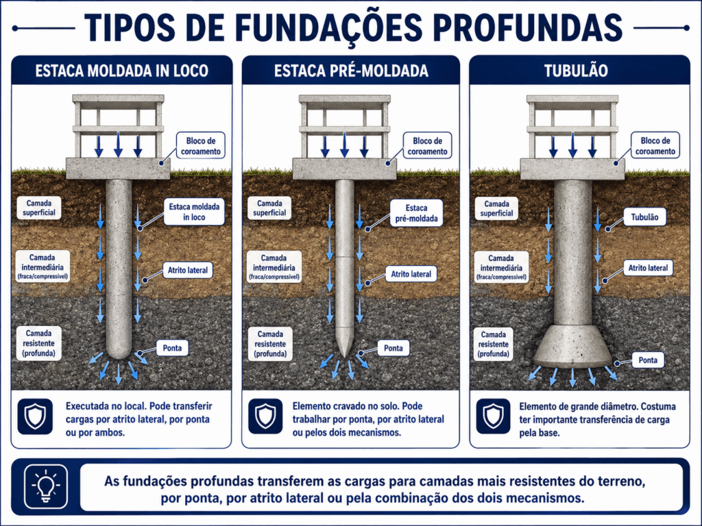 Tipos de fundação profunda, incluindo estacas e tubulão.