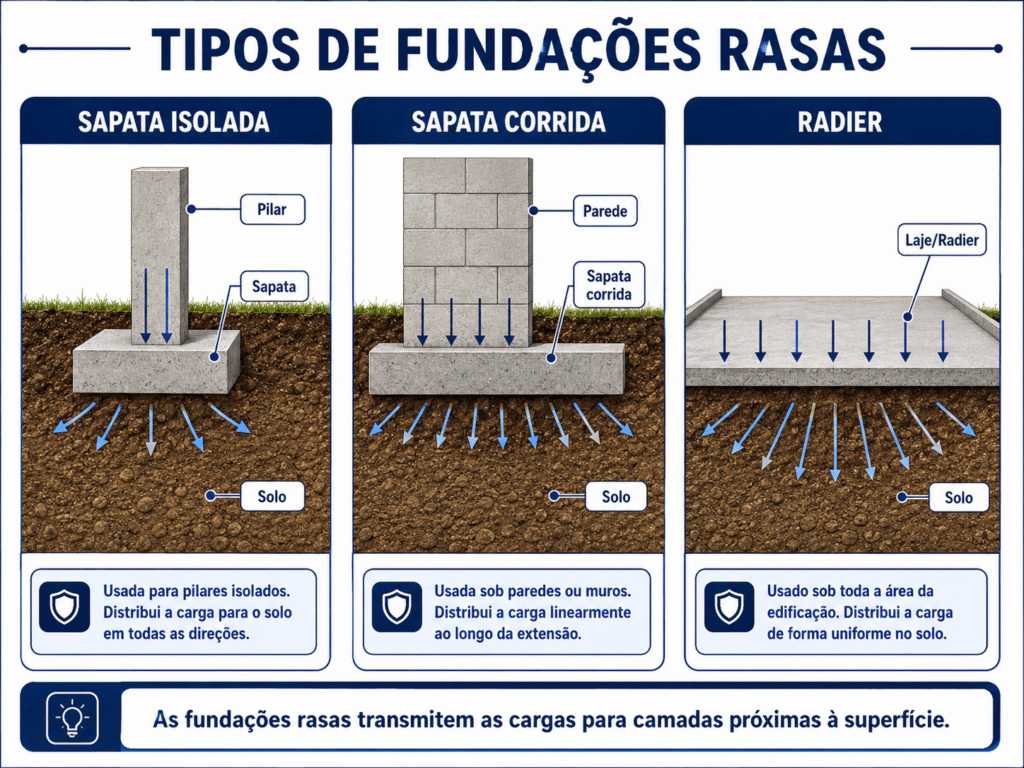 Tipos de fundação rasa, incluindo sapata isolada, sapata corrida e radier.