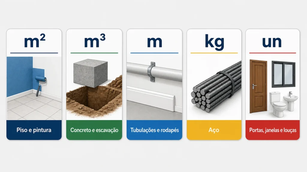 Exemplos de unidades de medição usadas no levantamento quantitativo de obra, como metro quadrado, metro cúbico, metro linear, quilograma e unidade.